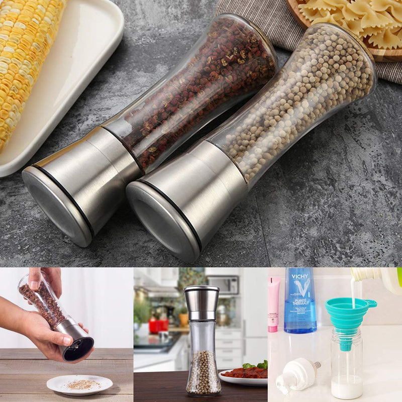 [Australia - AusPower] - Set of 2 Premium Stainless Steel Salt and Pepper Grinders with Silicone Collapsible Funnels, SourceTon Adjustable Tall Glass Salt and Pepper Shakers with Free Funnel 