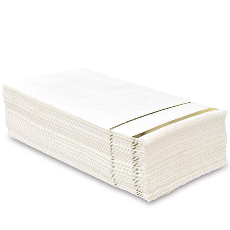 [Australia - AusPower] - 100 Gold Trim Lined Guest Napkins Disposable Paper Pack Elegant Dinner Hand Napkin for Bathroom Wedding Holiday Anniversary Birthday Party Bridal & Baby Shower Metallic Golden Foil Decorative Towels White and Gold 