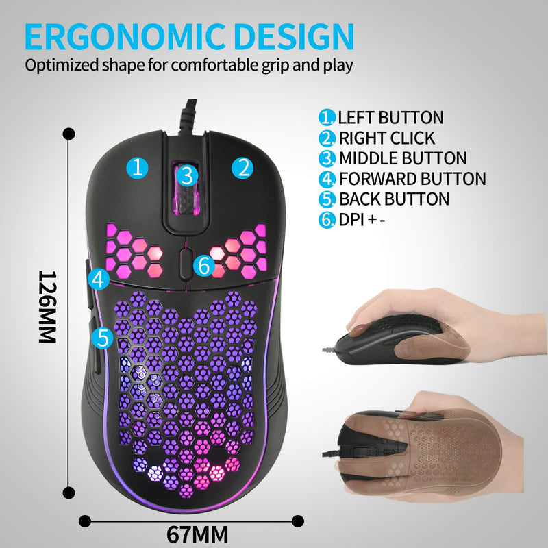 [Australia - AusPower] - Honeycomb Wired Gaming Mouse, RGB Backlight and 7200 Adjustable DPI, Ergonomic and Lightweight USB Computer Mouse with High Precision Sensor for Windows PC & Laptop Gamers (Black) Black 