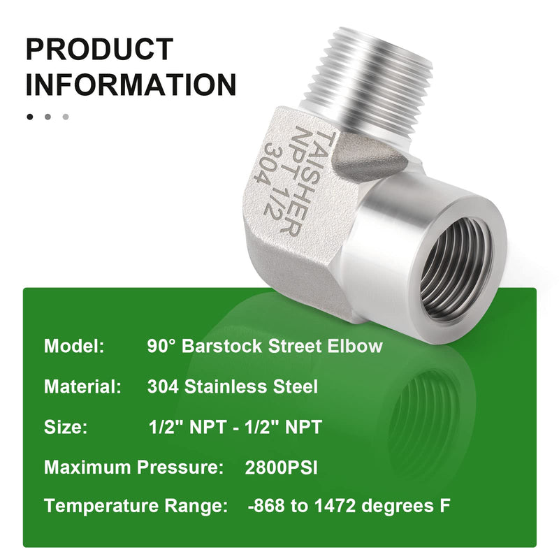 [Australia - AusPower] - TAISHER 2PCS 304 Stainless Steel 90 Degree Barstock Street Elbow, 1/2 Inch NPT Male Pipe to 1/2 Inch NPT Female 304 Stainless Pipe Fitting 1/2" NPT Male × Female 