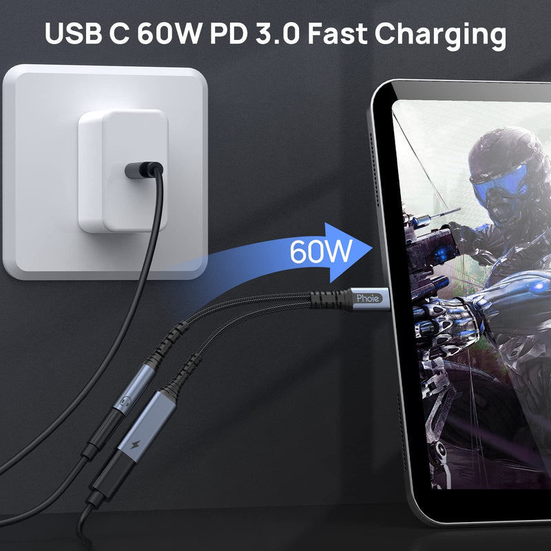 [Australia - AusPower] - USB C to 3.5mm Audio Adapter and Charger, USB C Headphone Adapter Jack with 60W Fast Charger, Dongle Cable USB Type-C to Aux Phone/Tablet/Laptop for Samsung S22 S21 S20 Ultra, Google Pixel 6 5 4 XL 