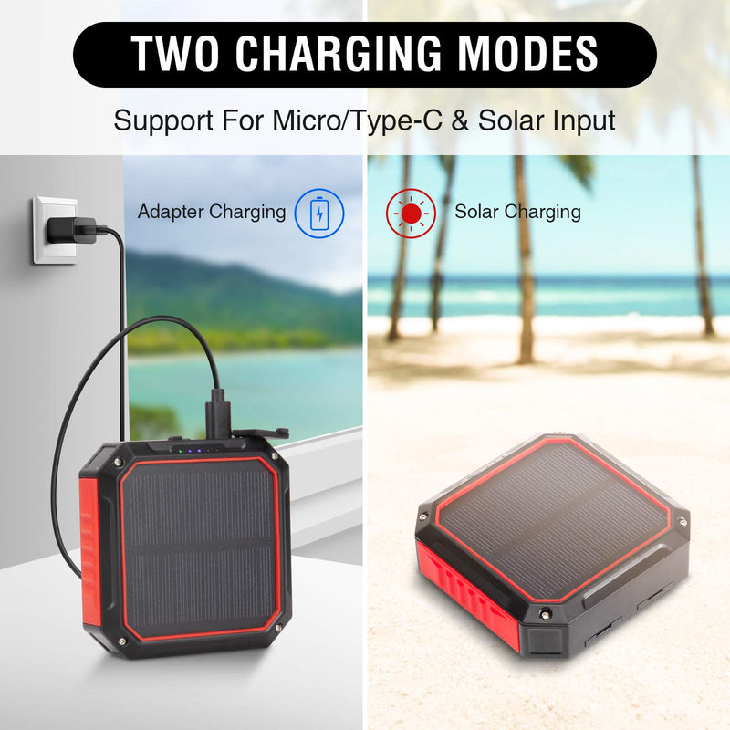 [Australia - AusPower] - Small Solar Power Bank, 10000mAh Qi Wireless Power Bank Portable, iPhone Portable Solar Charger, Emergency LED Light with External Battery Pack(Red) Red 