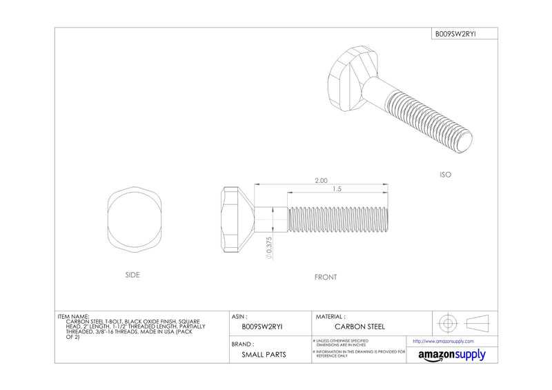 [Australia - AusPower] - Te-Co 46202 Black Oxide Medium Carbon Steel T-Bolt, 3/8"-16 TPI, 1-1/2" Thread Length, 2" Length, 11/16" x 11/16" x 1/4" Head, 3/8" Table Slot (Pack of 2) 