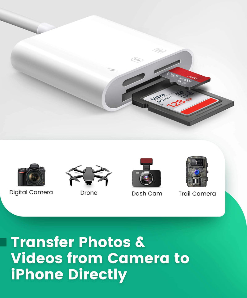 [Australia - AusPower] - SD Card Reader for iPhone iPad, AkHolz 2 in 1 SD Card Reader for iPhone iPad Camera Card Viewer Reader for Trail Game Camera DSLR Camera Dash Cams SD Card Reader, Portable No App Required 