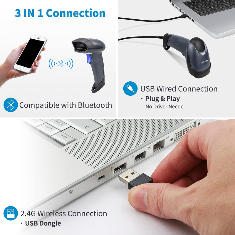 [Australia - AusPower] - NETUM Wireless 2D QR Barcode Scanner with Stand, 3 in 1 Bluetooth & 2.4GHz Wireless & USB Wired Automatic Bar Code Imager Reader Handhold Scanner Gun Compatible for Laptops, Computers, Cashier, POS 