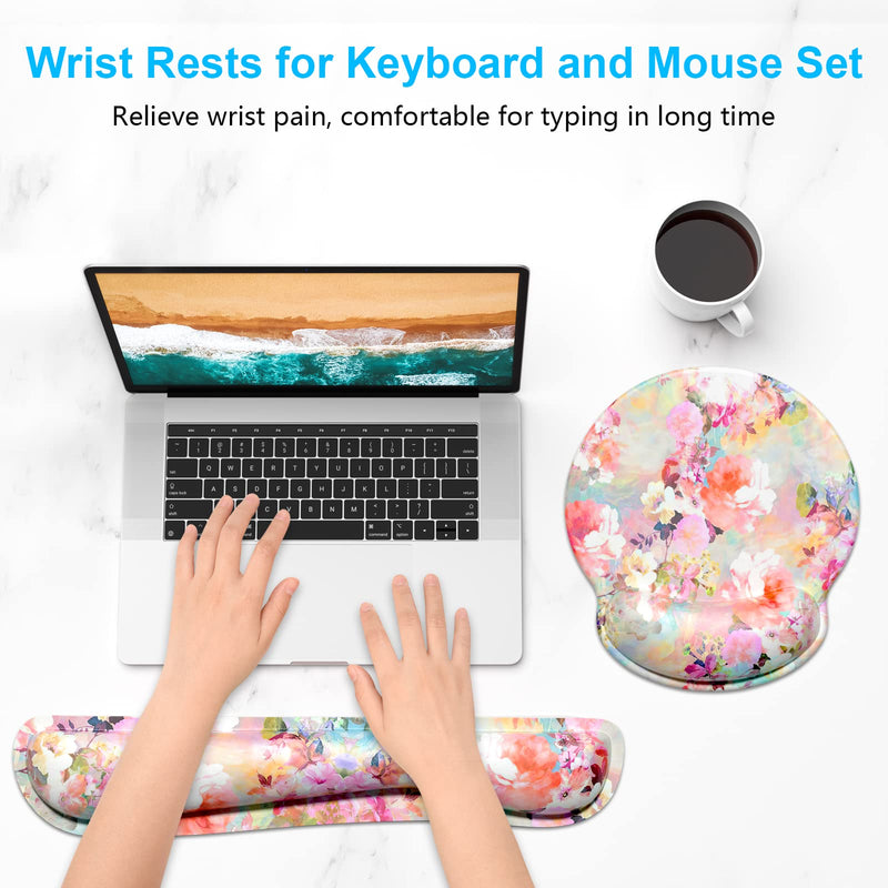 [Australia - AusPower] - Dapesuom Keyboard Wrist Rest and Mouse Pad with Support, Memory Foam Rests for Set, Ergonomic Non Slip Base Easy Typing & Pain Relief, Peonies Floral, Pink Floral Pink Peonies Floral 