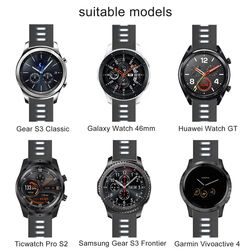 [Australia - AusPower] - OVERSTEP Compatible with Garmin Vivoactive 4/ Samsung Galaxy Watch 46mm, 22mm Silicone Band for Ticwatch Pro S2/ Gear S3 Classic/ S3 Frontier/ Huawei Watch GT Smartwatch Black/Grey 