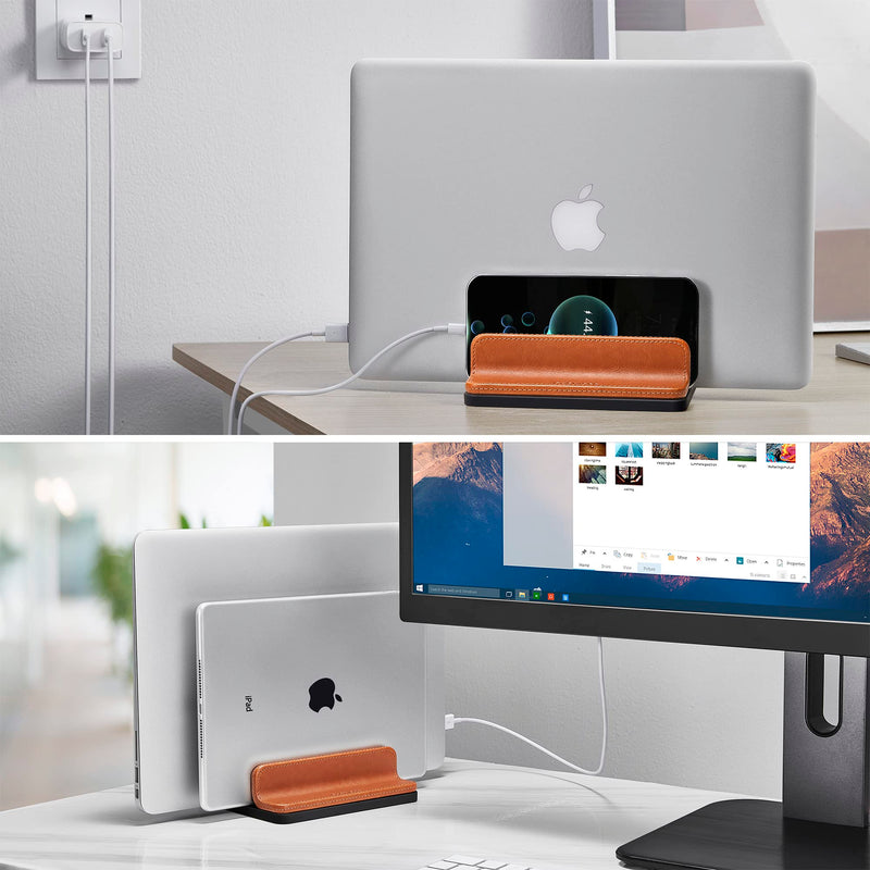 [Australia - AusPower] - CoStySee Leather Dual-Slot Vertical Laptop Stand,Adjustable Laptop Holder Vertical (18-26mm/0.7-1 in) for All MacBook/Chromebook/Surface/Dell/iPad (Brown) Brown 
