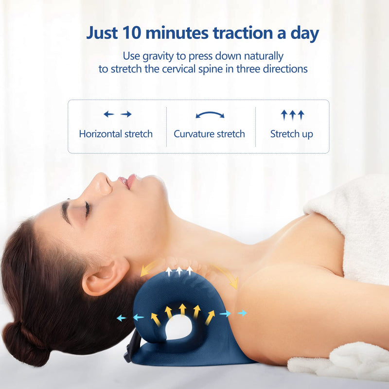 [Australia - AusPower] - Neck Stretcher for Neck Pain Relief, Heated Cervical Traction Device Pillow with Graphene Heating Pad, Neck and Shoulder Relaxer for TMJ Pain Relief and Cervical Spine Alignment(Dark Blue) Dark Blue 