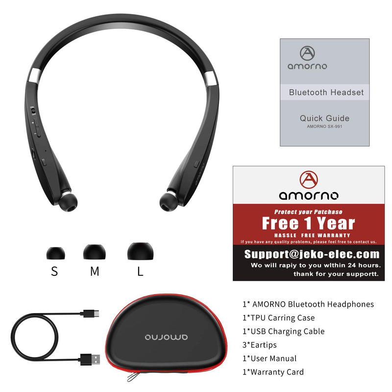 [Australia - AusPower] - AMORNO Foldable Bluetooth Headphones Wireless Neckband Headset with Retractable Earbuds, Sports Sweatproof Noise Cancelling Stereo Earphones with Mic Black 