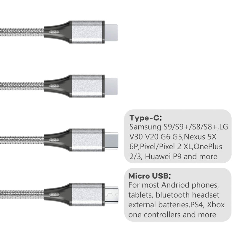 [Australia - AusPower] - Multi Charging Cable, Multi USB Cable 3A 4FT USB Charging Cable Nylon Braided Universal 4in1 Multi Charger Cable Adapter Type-C/Micro USB Port,Compatible with Cell Phones and More (Silver, 2Pack) 