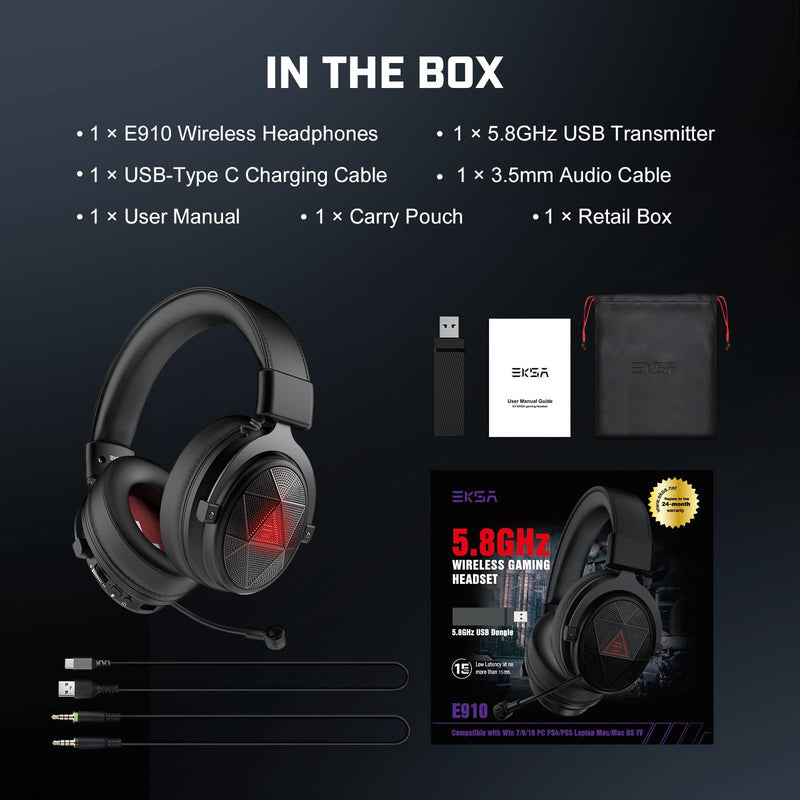 [Australia - AusPower] - EKSA E910 5.8G Wireless Gaming Headset with Micphone for PC PS4, PS5, Computer, Laptop - Dual Mic ENC Call Noise Cancelling Headphones - 7.1 Srround Sound - Over Ear Headphones for TV, Music, Meeting Black 