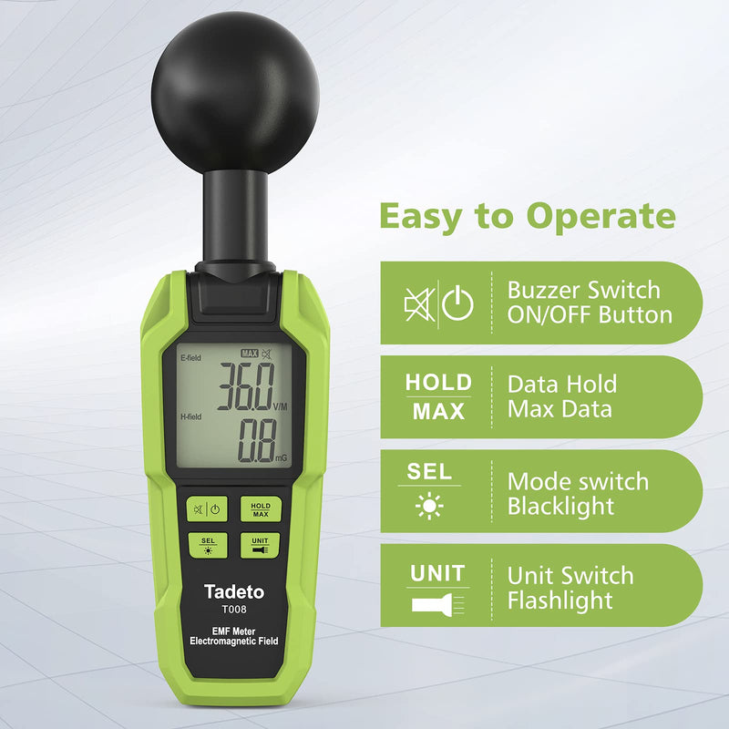 [Australia - AusPower] - EMF Meter, Tadeto EMF Detector with 3 Chips for 360° Measurement LCD Backlit Large Screen Radiation Detector with Flashlight Great Tester for Home EMF Inspections, Office, Outdoor and Ghost Hunting Green 