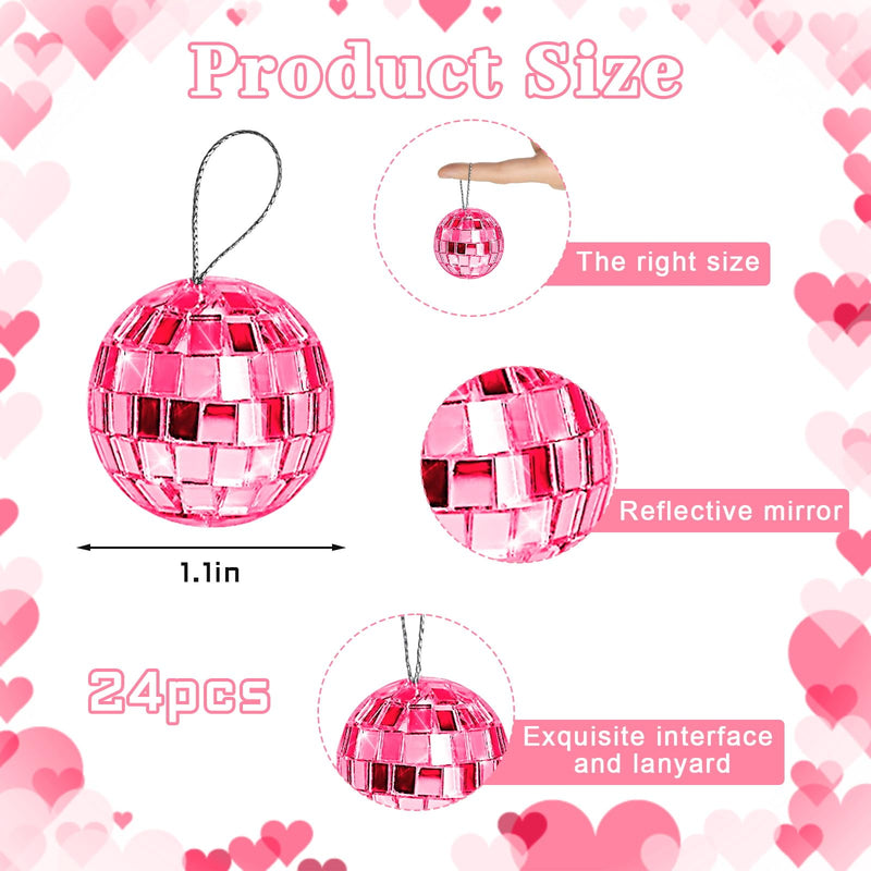 [Australia - AusPower] - Newmemo Pink Disco Ball 24 Pcs Hanging Mirror Disco Balls Pink Mini Disco Balls Ornaments Reflective Mirror Ball Cake Decoration with Rope Christmas Tree Wedding Dance Music Festivals Decor 