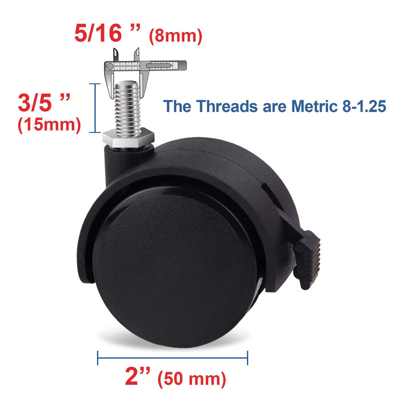 [Australia - AusPower] - Guildrey Threaded Caster, 5/16 Inch Stem Diameter, M8 Swivel Stem for Replacement, Set of 4, Twin Caster Wheels with Locking Brake 