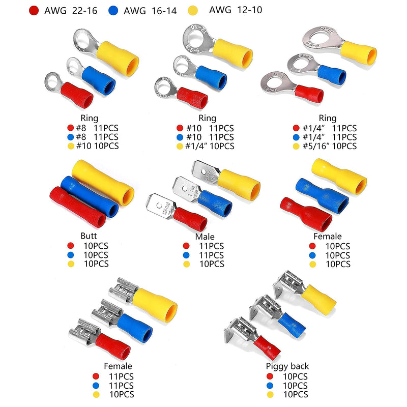 [Australia - AusPower] - Ginsco 250Pcs Insulated Wire Connectors Assorted Crimp Terminal Kit - Quick Disconnect Ring Spade Butt Splices Piggy Back 