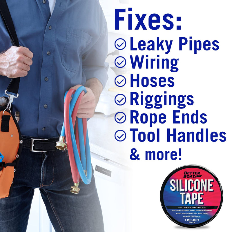 [Australia - AusPower] - Rubber Tape Silicone Tape Self Fusing Rubber Grip Tape 1" x 40FT Black Silicone Repair Pipe Tape Electrical Radiator Hose Coax Plumbers Water Seal Stretch 