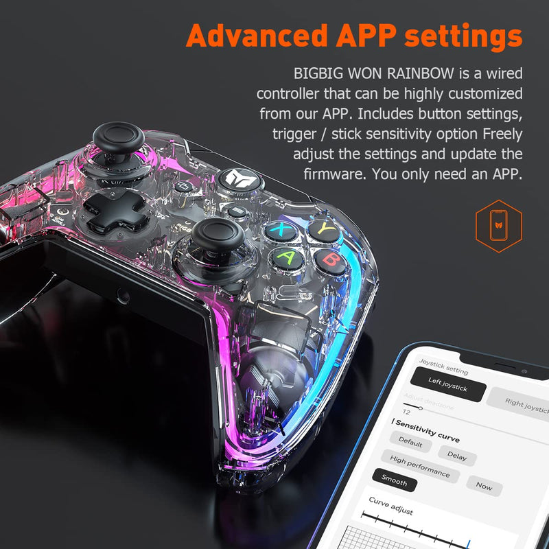 [Australia - AusPower] - PC Controller, BIGBIG WON Rainbow Wired Game Controller RGB Light, Custom Back Button, Motion Aim, Dual Motor, Linear Trigger, 3.5mm Audio PC Gaming Controller for Win11&10 Controller for Switch - 1pc 