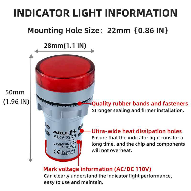 [Australia - AusPower] - ARLETA Voltage 12V/24V/110V/120V Current 20mA Energy Saving LED Indicator Light Mounting Hole Size 22mm(7/8 Inch) Red 10Pcs 110V 