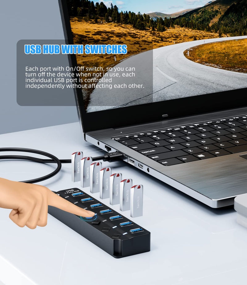 [Australia - AusPower] - USB 3.0 Hub, PANPEO 7-Port USB Data Hub Splitter with 3ft Long Cable USB Extension for Laptop,PC Computer,Surface Pro, PS4/5, Flash Drive, Mobile HDD - with LED Individual On/Off 
