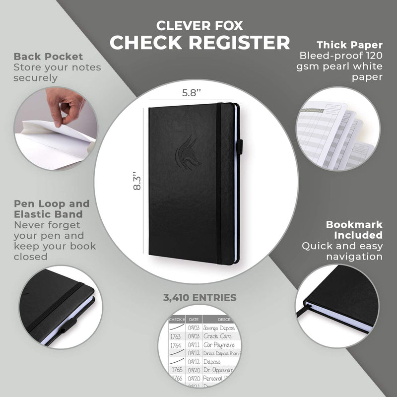 [Australia - AusPower] - Clever Fox Check Register – Deluxe Checkbook Log with Check & Transaction Registers, Bank Account Register Booklets for Personal and Work Use, A5 Hardcover - Black A5 (5.8'' x 8.3'') 