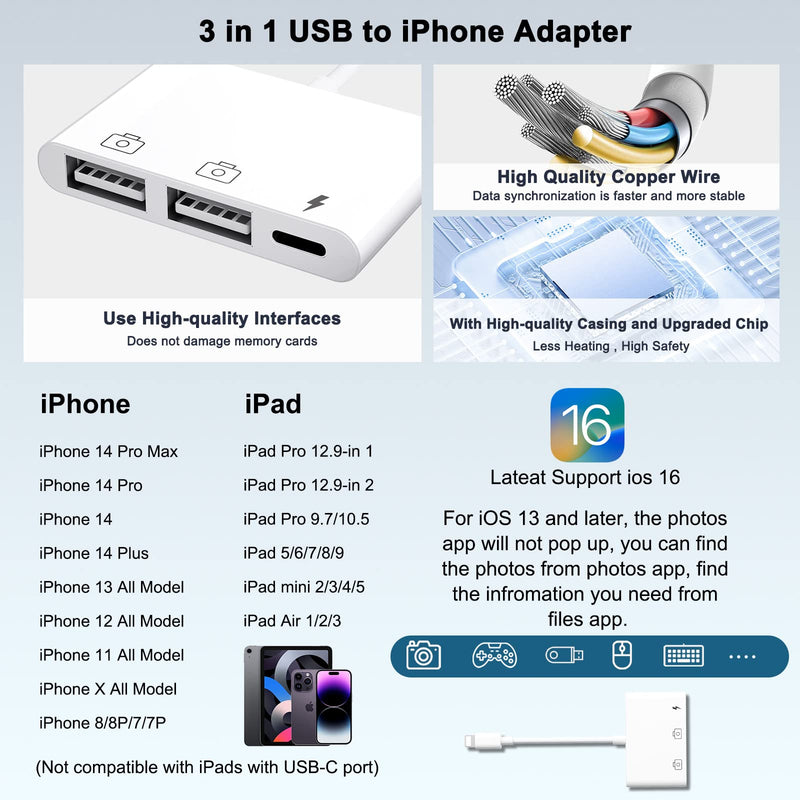 [Australia - AusPower] - AMLLXEN iPad USB Adapter, iPhone Camera Adapter Dual USB with Charging Port, Lighting to USB Adapter for iPhone/iPad, Compatible with USB Flash Drive,Camera,Mouse & Keyboard,ect-Support iOS 9.2 to 16 