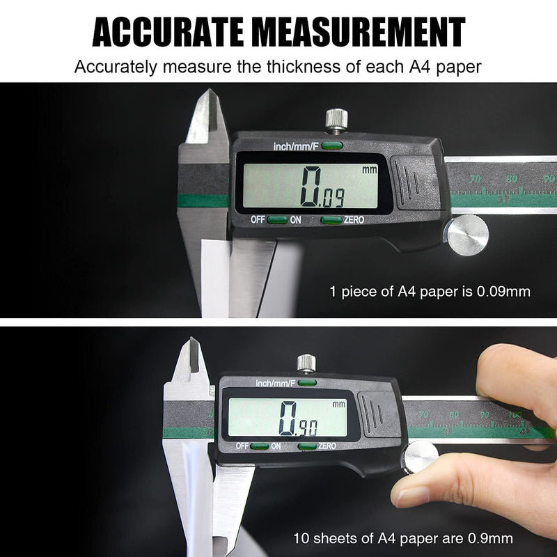 [Australia - AusPower] - Digital Caliper, MOOCK 0-6 inches Calipers Measuring Tool, Electronic Digital Micrometer Vernier Caliper with Stainless Steel Body, Large LCD Screen, Inch Millimeter Fractions Conversion/Green 6 inch Green 