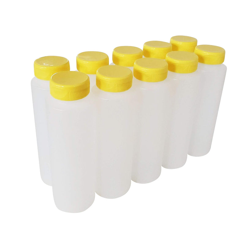 [Australia - AusPower] - kelkaa 8oz HDPE Plastic Squeeze Bottles with Wide Mouth Opening, Yellow Flip Top Caps for Condiments and Any Thick Liquid Products, Multi-Purpose Refillable Empty Bottles (Pack of 10) 