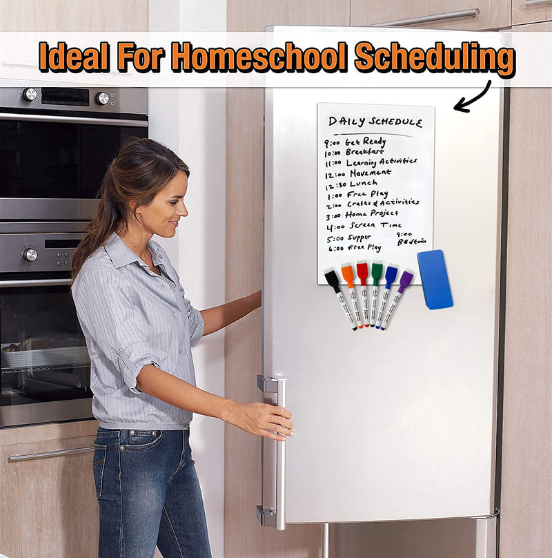 [Australia - AusPower] - Magnetic Fridge Whiteboard Sheet for Kitchen Refrigerator - Dry Erase Magnetic White Board Organizer & Planner 11"x17" Strong Magnet with Stain Resistant Technology Includes 6 Markers and Big Eraser 