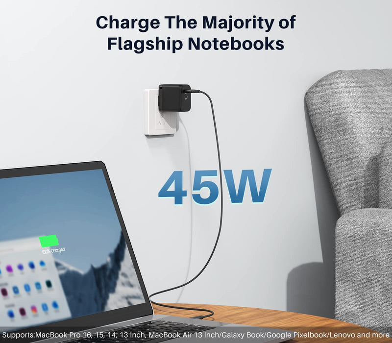 [Australia - AusPower] - 45W USB C Charger, K&ZZ Dual USB-C GaN Charger Foldable PD Super Fast Charger Block Compact Type C Wall Charger for Galaxy S23 Ultra/ S22/ Note, MacBook, Steam Deck, iPad, iPhone 14 (45W, Black) 