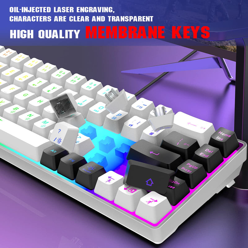 [Australia - AusPower] - Snpurdiri 60% Gaming Keyboard, RGB Backlit Mini Keyboard,Built-in Steel Plate, Membrane Keyboard but Super Mechanical Feel for Windows PC Gamers(68 Keys,White-Black) White Black 
