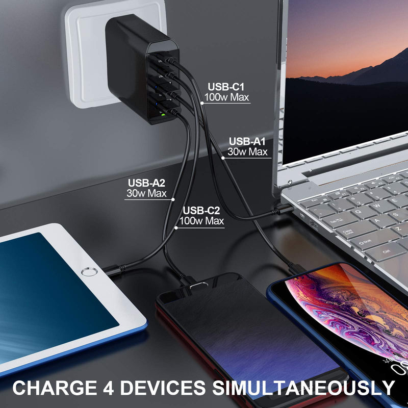 [Australia - AusPower] - USB C Charger 100W,Wall Charger 4 Ports [GaN Tech] PD Charger,Type C Fast Charger,USB C Laptop Charger Compatiable with MacBook Pro Air, iPhone, iPad Pro, Galaxy, Dell XPS USB C Laptop Devices 