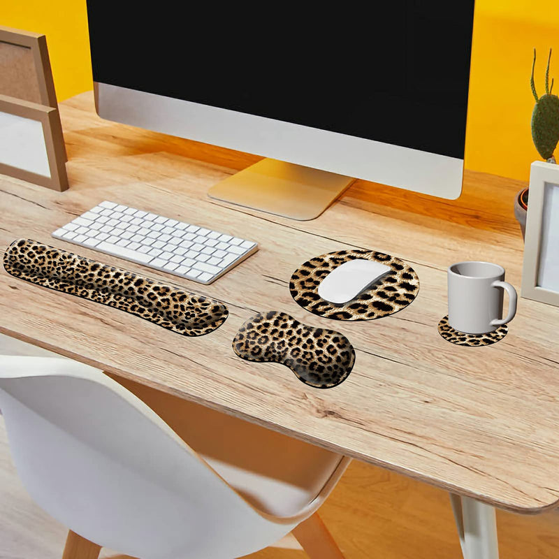 [Australia - AusPower] - Keyboard Wrist Rest Pad + Mouse Wrist Rest + Gaming Mouse Pad + Coasters Ergonomic Memory Foam Wrist Pad Set with Easy Typing & Pain Relief for Computer, Laptop, Office & Home - Leopard Grain 