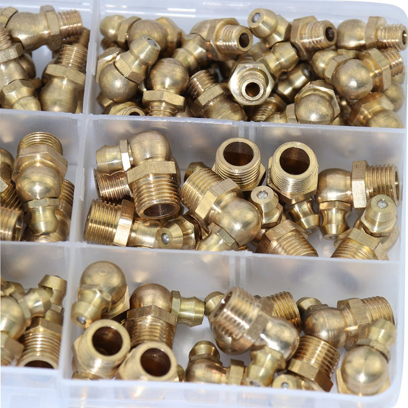 [Australia - AusPower] - Boeray 115pcs 1/4” 1/8” Hydraulic Grease Brass Zerk Fitting SAE Standard Assortment Kit-Straight, 90-Degree, 45-Degree Angled Zerk Assortment Set 115pcs SAE 