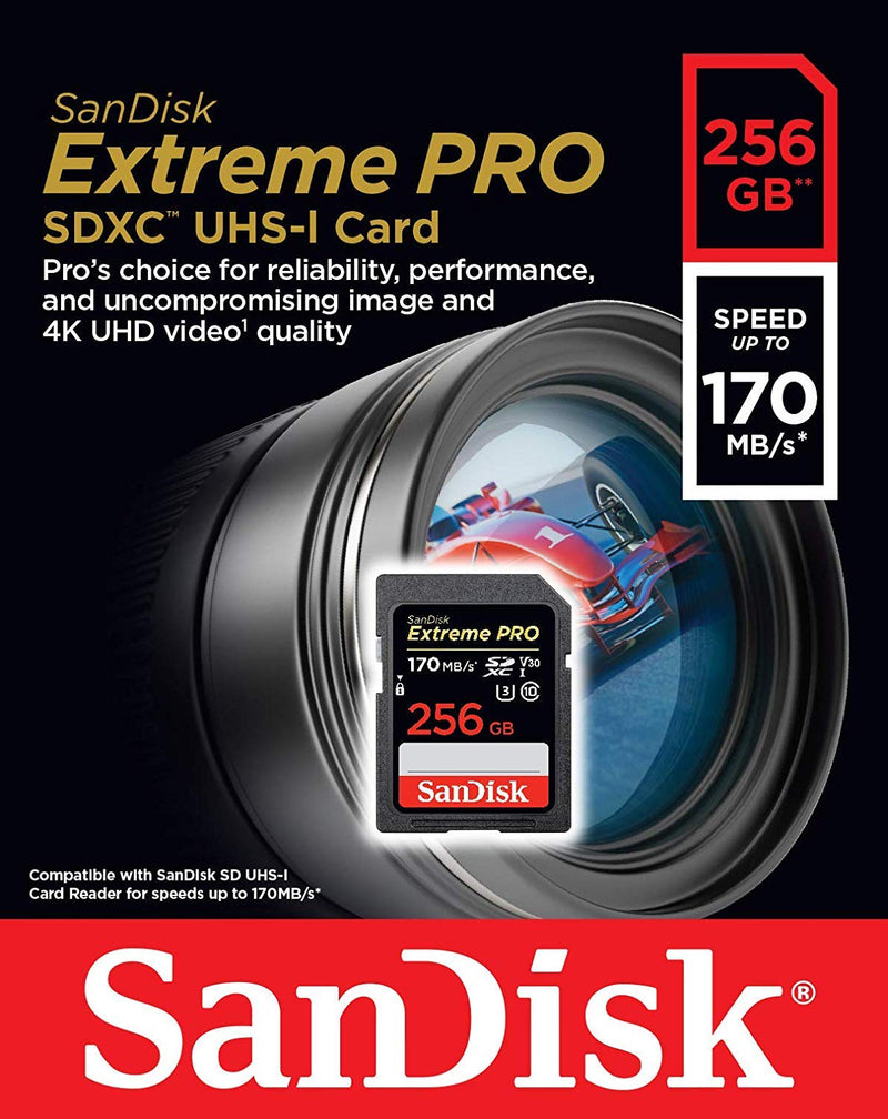 [Australia - AusPower] - SanDisk Extreme Pro 256GB SD Card for Nikon Camera Works with Nikon Z50, Z5 Mirroless, D780 Digital DSLR (SDSDXXY-256G-GN4IN) Bundle with (1) Everything But Stromboli Micro & SDXC Memory Card Reader 