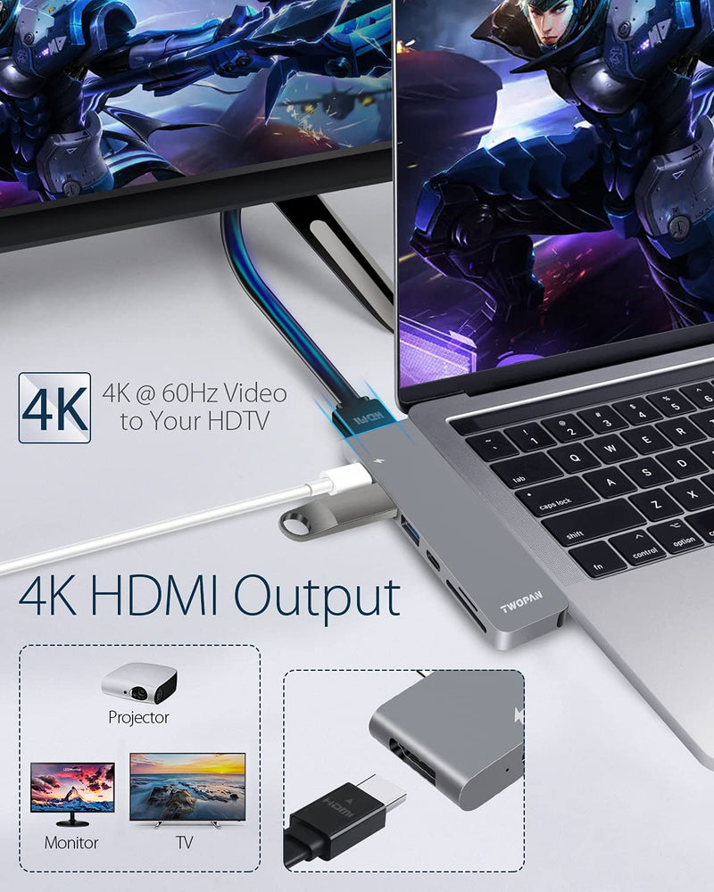 [Australia - AusPower] - TWOPAN MacBook Pro Air USB Adapter Hub, 7 in 2 USB 3.0 Multiport Adapter, USB C Hub with 4K HDMI, Thunderbolt 3 PD Port, 2 USB 3.0 Ports, SD/TF Card Reader for MacBook Air/Pro 2020/2019/2018, 13"/15"… 