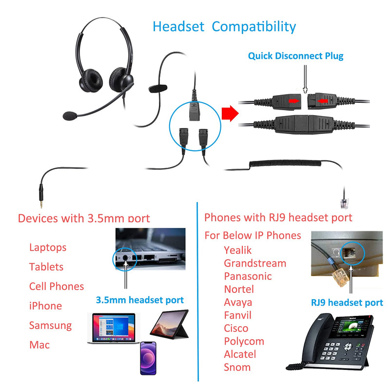 [Australia - AusPower] - Call Center Headset with RJ9 & 3.5mm Connectors for Landline Deskphone and Smartphone PC Laptops, Office Telephone Headset with Noise Canceling Microphone for Yealink Grandstream Snom 