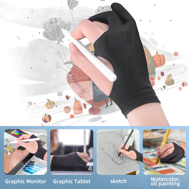 [Australia - AusPower] - Artist Drawing Glove 3-Layer Palm Rejection [2 Pack Black] Right Left Hand Digital Art Graphic Tablet iPad Gloves Two Finger Smooth Elasticity Breathable for Stylus Pen Pencil Sketching Painting 2-Pack Black Gloves 
