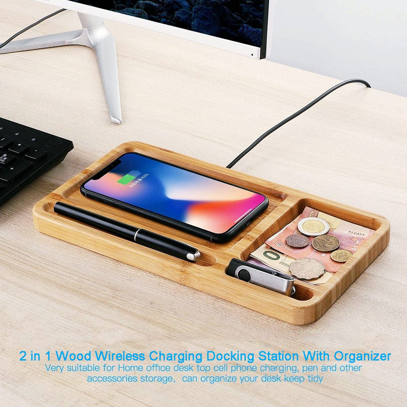 [Australia - AusPower] - 15W Wood Wireless Charging Station Pad Bamboo Phone Charger Docking Tray with Desk Organizer, Wooden Dock Station for iPhone Android Samsung Qi Phones Stand for Nightstand Home Office KingTSYU 