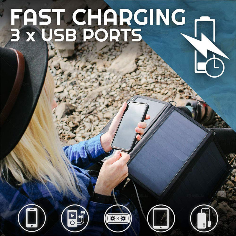 [Australia - AusPower] - Foxelli Triple USB Solar Charger 21W - Portable Solar Panel Charger 3 USB Ports for iPhone & Android Smartphones, iPads, Android Tablets, Power Banks & More, Solar Power for Camping & Outdoors 21W 3xUSB 