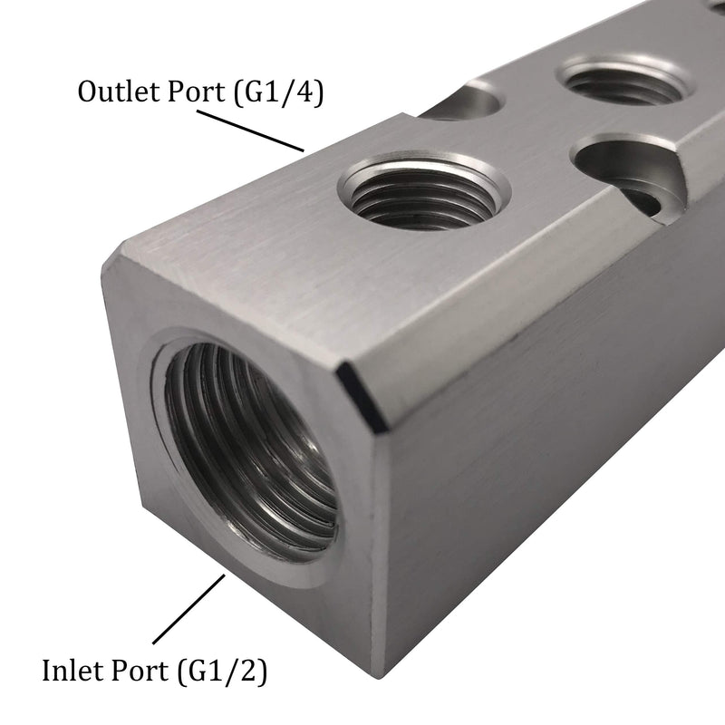 [Australia - AusPower] - 6 Way Pneumatic Manifold Air Distribution Block, G1/2 Supply Port, G1/4-Inch Output Port, Aluminum Alloy 6 Way 8 Port 