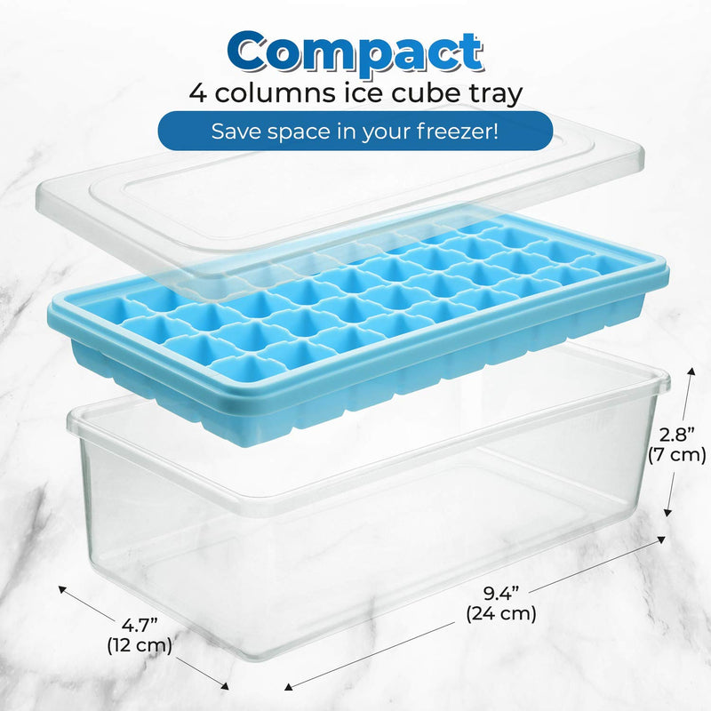 [Australia - AusPower] - Ice Cube Tray With Lid and Bin - Large Silicone Ice Tray For Freezer | Comes with Ice Container, Scoop and Cover| BPA Free| Space Saving Ice Cube Molds | Perfect for Cocktails, Waterbottles or Whisky! 36- Medium Ice Cubes Blue 