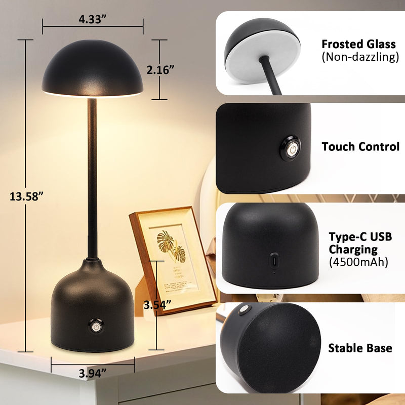 [Australia - AusPower] - Yoobao Cordless Table Lamp, 4500mAh Battery Operated Lamps, Bedside Lamps, 3 Color Stepless Dimming, Metal Mushroom LED Table Lamp for Bedroom/Living Room/Home Bar/Restaurant/Outdoor (Black) 1 Pack Black 