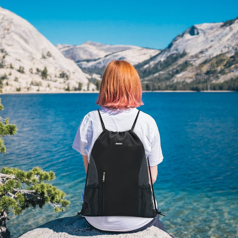 [Australia - AusPower] - WANDF Drawstring Backpack Sports Gym Sackpack with Mesh Pockets Water Resistant String Bag for Women Men Children Black 