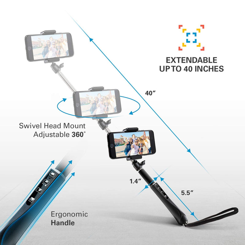 [Australia - AusPower] - Polaroid 40 Inch Selfie Stick With Integrated Bluetooth Remote Release In Grip For IOS and Android Bluetooth Camera Devices and Digital Cameras 