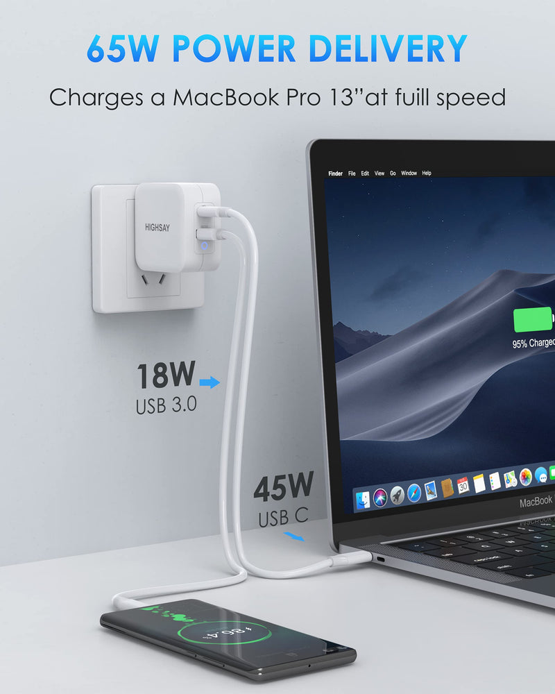 [Australia - AusPower] - USB C Charger, 65W PD + Quick Charge 3.0 Dual Port Type C Wall Charger, Travel Fast Charger for iPhone 13/12/11 /Pro Max, XS/XR/X, 8/7/6, iPad Pro, AirPods Pro, Galaxy, MacBook Pro, USB C Laptops 