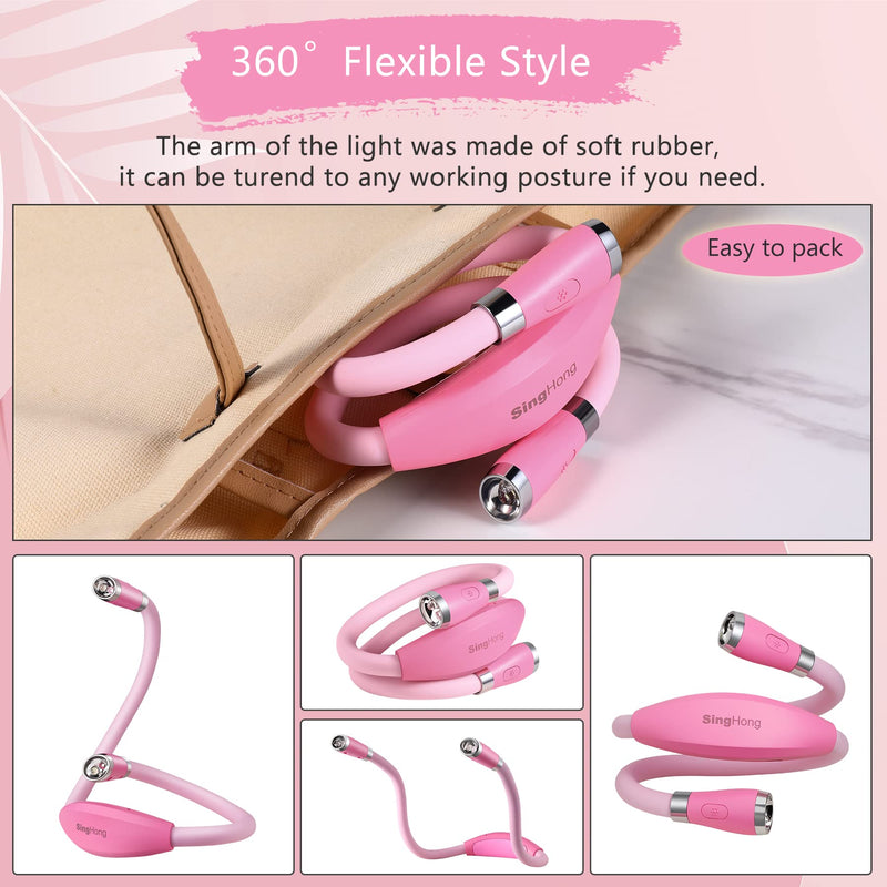 [Australia - AusPower] - SingHong Neck Book Light LED Reading Lamp USB Rechargeable, Hands Free, 4 LED Bulbs, 4 Adjustable Brightness, for Reading in Bed or Reading in Car Lamp ( Pink ) 