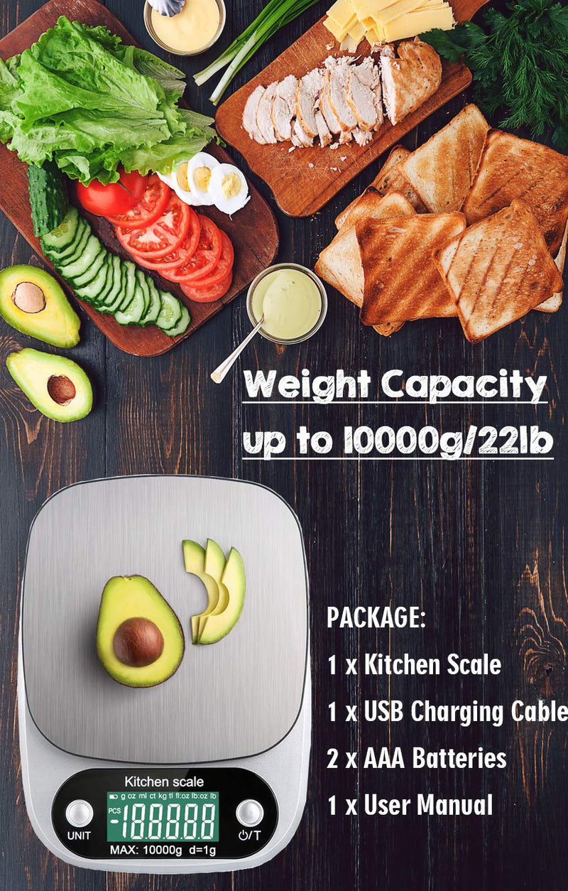 [Australia - AusPower] - Rechargeable Digital Kitchen Scale 10kg/22lb Multifunction Waterproof 1g Accuracy Food Weight Gram Ounce Tare Function g/ oz/ ml/ ct/ kg/ tl/ fl:oz/ lb:oz/ lbfor Cooking Baking,USB&Batteries 10kg/ 1g 