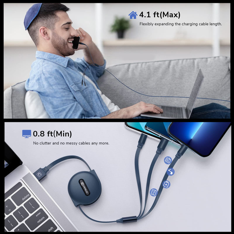 [Australia - AusPower] - CAFELE Multi Retractable Fast Charger Cord,4Ft/3A(Total) Retractable 3 in 1 Micro USB Cable,Fast Charging Type C,I Charger Compatible with Cell Phones,Tablets and More(Navy Blue) Navy Blue 