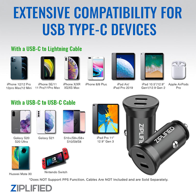 [Australia - AusPower] - Ziplified ZIP-C402PK 2-Pack Mini 40W Metal 2-Port USB C PD 3.0 Dual Port Car Charger Compatible with iPhone 13/12/11 Pro Max/12 Mini/X/XR, Galaxy S21/S20/S10, Pixel 4/5/6 